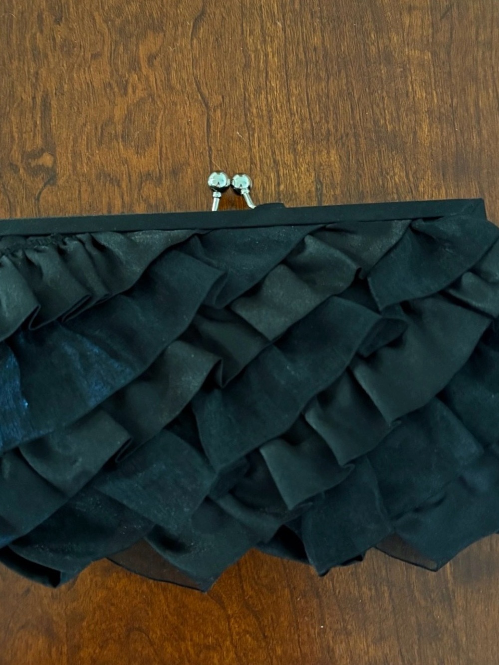 White House Black Market Black Satin Ruffle Clutch Evening Bag, Silver Chain - Picture 7 of 8